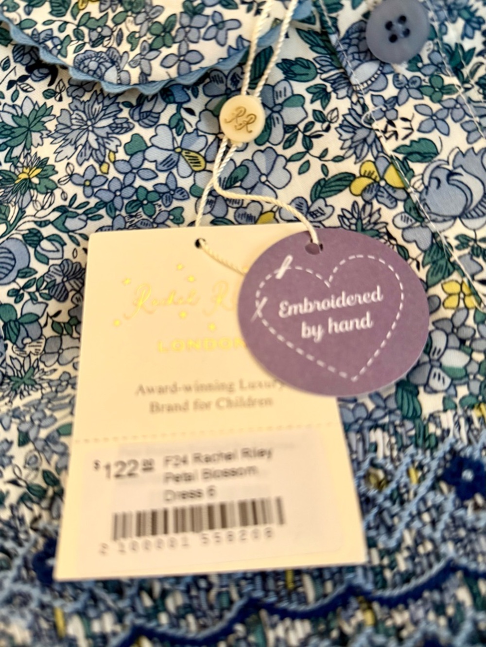 NWT Rachel Riley girl's blossom-print smocked button-front dress - Picture 4 of 7
